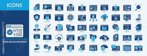 Web Development - Icon Collection. Thin Flat Blue Set contains such Icons as programing, setting, security and more. Simple web icons set