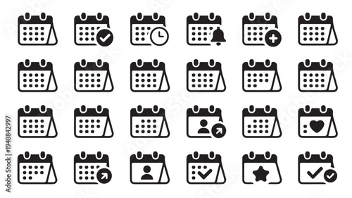 Diverse Collection of Calendar Glyph Icons for Scheduling and Event Management Applications