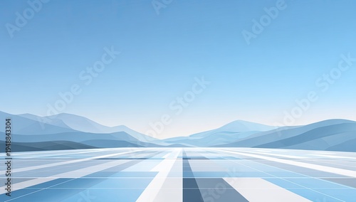 Abstract geometric landscape with receding light pathways and distant mountains