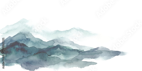 Serene watercolor mountain landscape with abstract blue mist and foggy hills peaceful nature vector illustration.