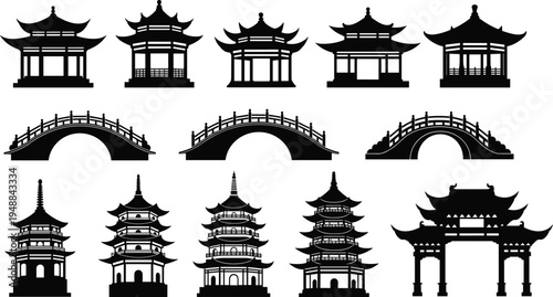 A collection of black silhouette icons depicting traditional east asian temples and foot bridges