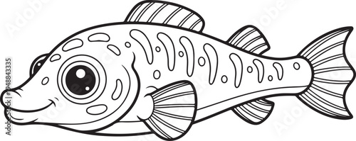 Whimsical cartoon illustration of a happy spotted freshwater fish with large eyes and fins, Generative Ai