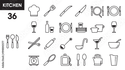 Vector graphic set of essential kitchen tools and cooking utensils in a sleek outline style