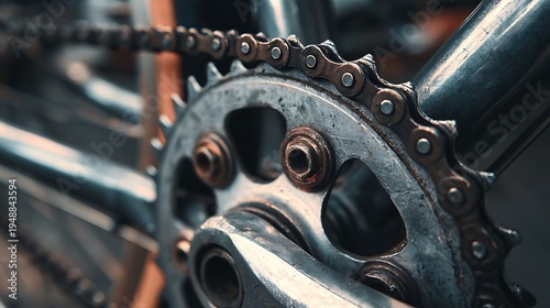 Detailed closeup of a mechanical bicycle gear and metal chain showcasing industrial steel engineering and old machine technology on a vehicle part