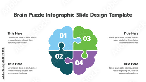 Brain shaped puzzle infographic with four numbered colorful interlocking pieces for ideas