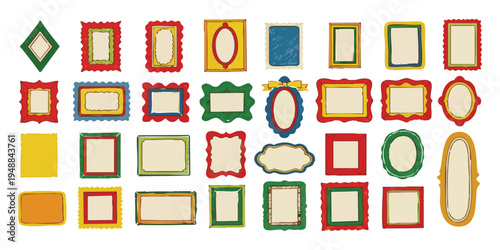 Set of quirky colorful hand drawn picture frames with varied shapes and borders vector illustration.