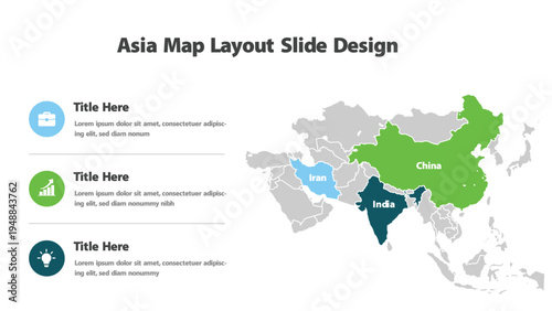 Asian political map with highlighted countries and descriptive text areas