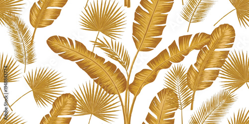 Elegant tropical seamless pattern with golden yellow palm fronds and exotic jungle leaves vector illustration.
