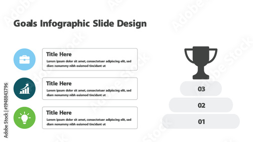 Business goals infographic slide with success trophy and strategic achievement steps