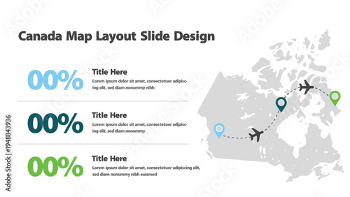 Canada map infographic presentation with travel routes and data percentages