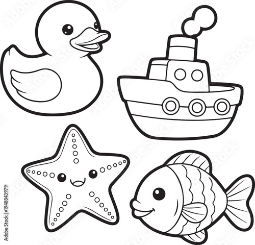 Adorable line art illustrations of classic bath time toys including a rubber duck toy boat starfish and fish, Generative Ai