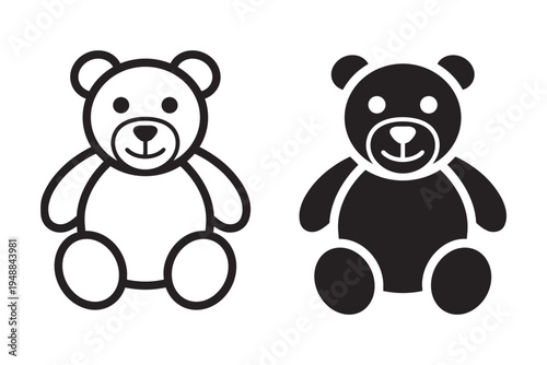 Two iconic teddy bear icons one outlined and one solid black isolated on white