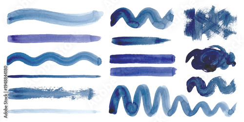 Set of abstract blue watercolor paint brush strokes and wave lines design elements vector illustration.