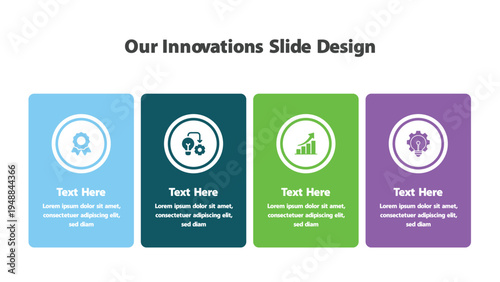 Four innovation presentation blocks with icons and text placeholders
