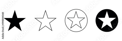 Four distinct black and white star icons including solid outline and circled designs for rating review and feedback