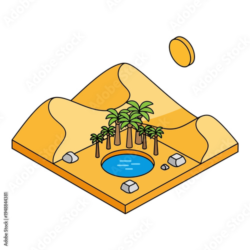 Isometric desert oasis scene with sand dunes, palm trees, and a water pool.