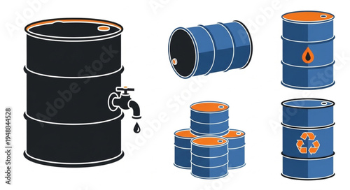 Collection of Oil Drums and Barrels with Various Designs.