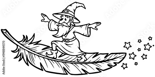Cute wizard flying on feather magic ride black and white coloring page