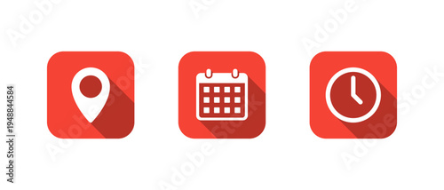 Location, calendar, and clock icon with long shadow. Map pin, date, and time symbol in red square
