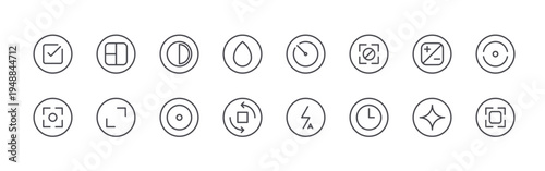 set of 16 thin line camera icons such as check, camera, grid, full screen, contrast, record, brush, rotate camera, timer. editable stroke vector illustration isolated on white