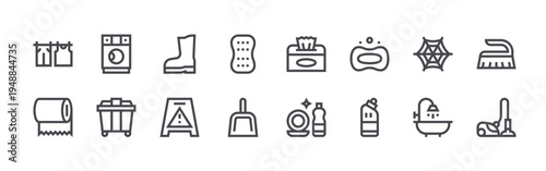 set of 16 thin line cleaning icons such as drying, tissue roll, washing hine, dumpster, boots, caution, sponge, dust pan, tissue. editable stroke vector illustration isolated on white
