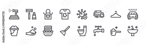 set of 16 thin line cleaning icons such as garden hose, bucket, shaver, hand wash, apron, basket, tshirt, plunger, virus. editable stroke vector illustration isolated on white
