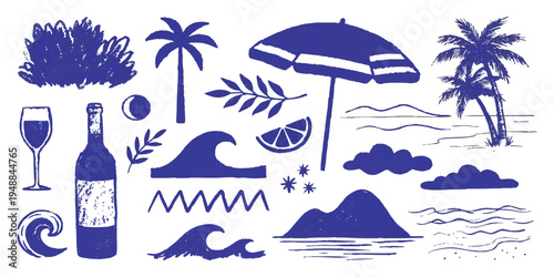 Collection of blue doodle summer vacation icons with beach umbrella, palm trees, and ocean waves vector illustration.