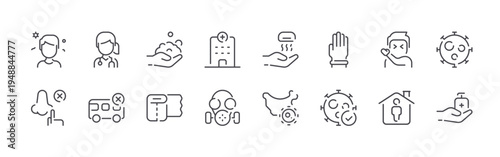 set of 16 thin line coronavirus icons such as man, e, woman, bus, hand wash, toilet paper, building, gas mask, hand dryer. editable stroke vector illustration isolated on white