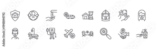 set of 16 thin line coronavirus icons such as stay home, doctor, earth, hospital bed, washing hands, ventilation,, plane, stay home. editable stroke vector illustration isolated on white