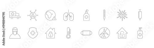 set of 16 thin line coronavirus icons such as ambulance, doctor, coronavirus, medical shield, virus warning, quarantine, lungs, thermometer, hand sanitizer. editable stroke vector illustration