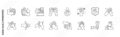 set of 16 thin line hand washing icons such as hand washing, cleaning, hand washing, editable stroke vector illustration isolated on white