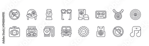 set of 16 thin line hippies icons such as no weapons, camera, helmet, boombox, lava lamp, handbag, sunglasses, van, boot. editable stroke vector illustration isolated on white