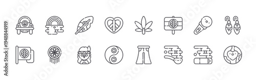 set of 16 thin line hippies icons such as beetle, peace, rainbow, dreamcatcher, feather, hippies, peace, yin yang, cannabis. editable stroke vector illustration isolated on white