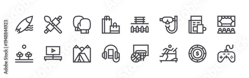 set of 16 thin line hobbies icons such as surf, harvest, cooking, watching tv, sport, camping tent, shopping bags, listen, park. editable stroke vector illustration isolated on white