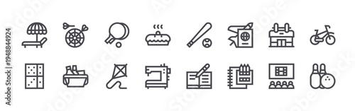 set of 16 thin line hobbies icons such as sun bath, domino, darts, picnic basket,, kite, cake, sewing hine, baseball. editable stroke vector illustration isolated on white