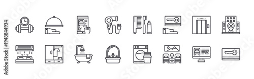 set of 16 thin line hotel icons such as dumbbell, air conditioner, hand, clothes, smartphone, bathtub, dryer, sink, comb. editable stroke vector illustration isolated on white