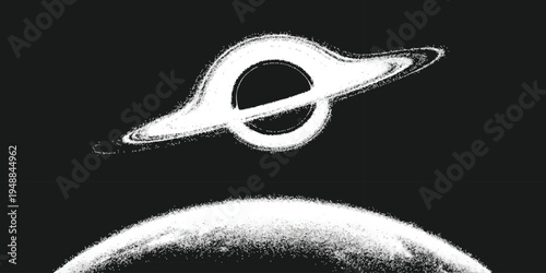 Abstract retro black and white outer space scene featuring a ringed celestial body and planetary horizon vector illustration.