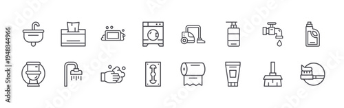 set of 16 thin line hygiene icons such as sink, toilet, tissue, shower, soap, washing hand, washer, razor blade, vacuum cleaner. editable stroke vector illustration isolated on white