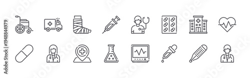 set of 16 thin line medical icons such as wheelchair, pill, ambulance, doctor, bandage, placeholder, syringe, flask, examination. editable stroke vector illustration isolated on white