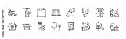 set of 16 thin line medical services icons such as wheelchair, x rays, oxygen tube, medical stretcher, weight scale, blood tube, test tubes, stethoscope, syrup. editable stroke vector illustration