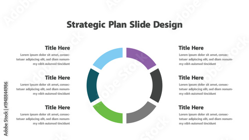 Strategic plan presentation slide featuring a segmented colorful circular diagram