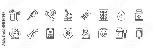 set of 16 thin line medical icons such as oxygen tank, healthcare, crutch, broken bone, emergency call, medical report, microscope,, dna. editable stroke vector illustration isolated on white