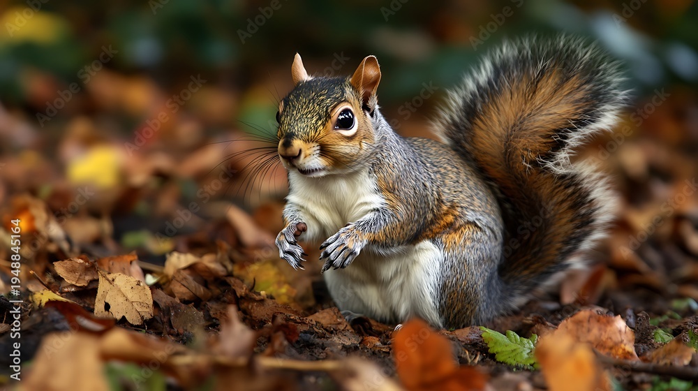 Obraz premium A cute grey squirrel with a furry tail sits on a tree in the park eating a brown peanut as this wild rodent enjoys its food in nature