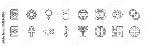 set of 16 thin line spiritual symbols icons such as quran, jewish, sahasrara, ankh, rosary, christianity, horned, orthodox cross, visuddha. editable stroke vector illustration isolated on white