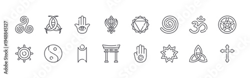set of 16 thin line spiritual symbols icons such as triskelion, buddism, horn of odin, taoism, hamsa, humanism, sikhism, torii gate, manipura. editable stroke vector illustration isolated on white