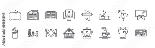 set of 16 thin line stay at home icons such as pillow, cactus, diary, delivery, book, eating, video, cooking, bakery. editable stroke vector illustration isolated on white