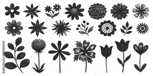 Collection of hand drawn black and white floral botanical elements in rough chalk texture vector illustration.
