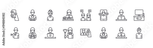 set of 16 thin line stay at home icons such as chatting, exercise, dog, baby, facial mask, working man, knitting, broom, talking. editable stroke vector illustration isolated on white