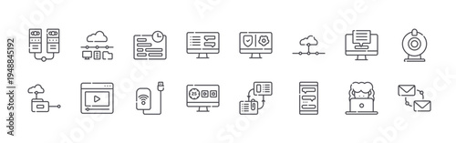 set of 16 thin line telecommuting icons such as servers, cloud computing, network, video, deadline, wifi, chat box, time, vpn. editable stroke vector illustration isolated on white