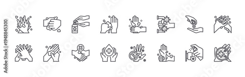 set of 16 thin line wash hand icons such as handwash, washing hands, washing hands, hand palm, hand sanitizer, handshake, washing hands, wash. editable stroke vector illustration isolated on white